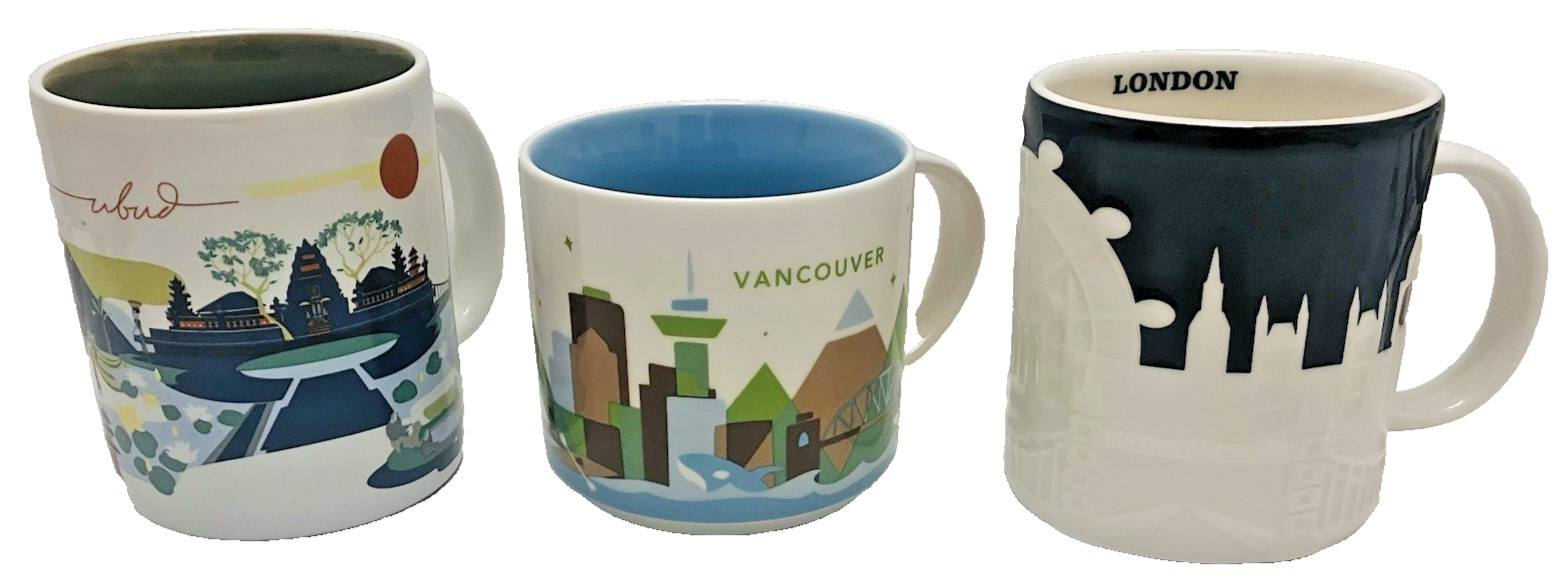 STARBUCKS BRAND NEW Lot of 3- LONDON INDONESIA VANOVER Mug 14-16 Ounces
