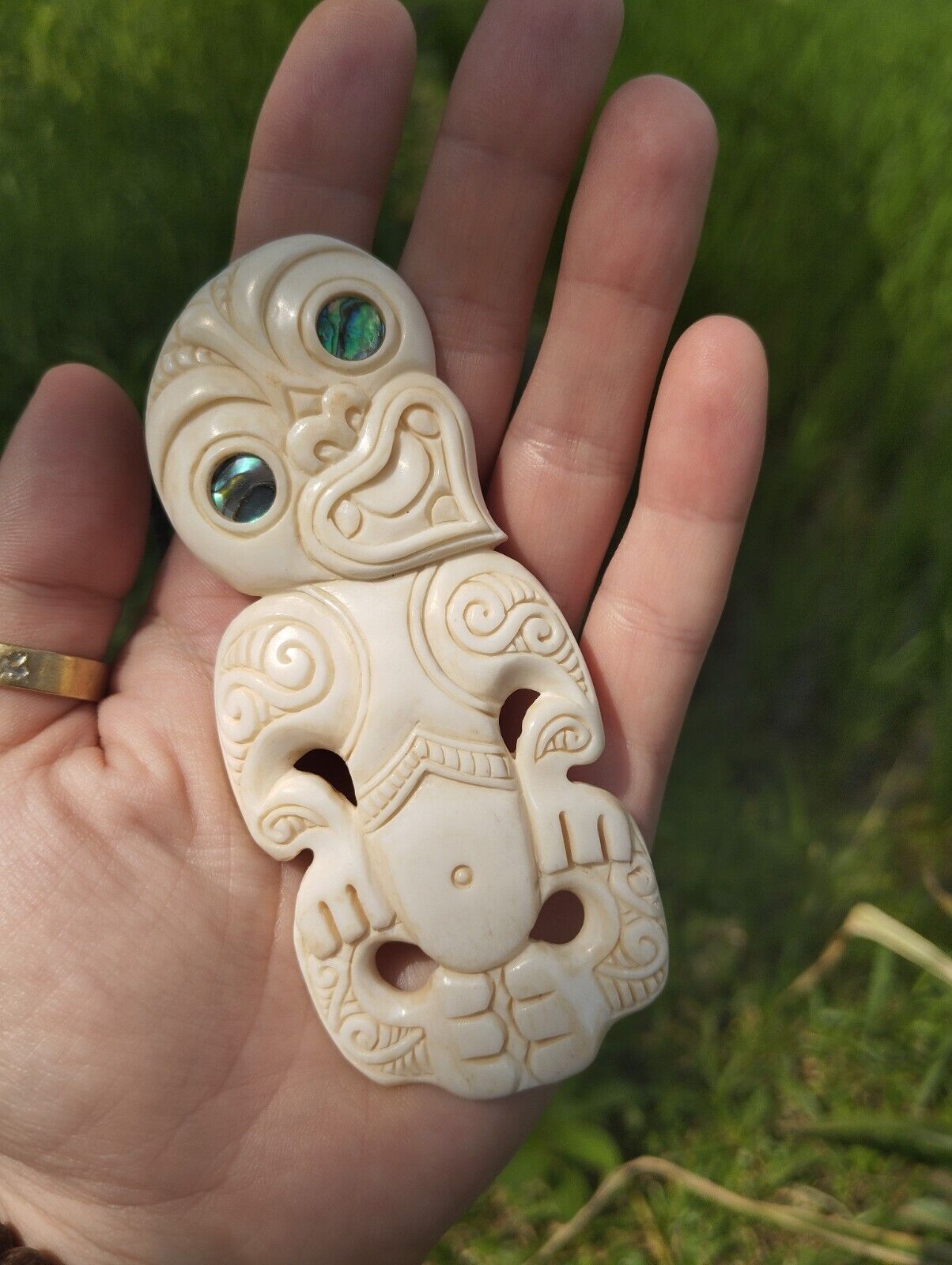 Hei Tiki Maori Pendant Large Royal Hand Carved Bone Abalone Eyes New Zealand