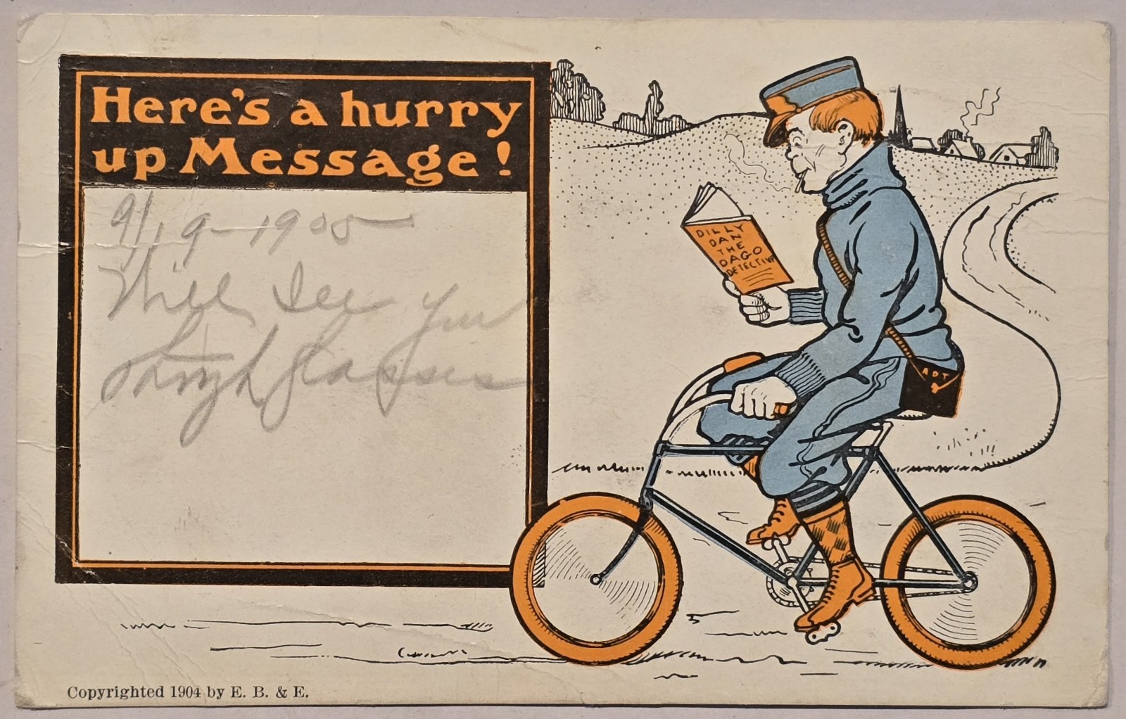 Vintage Postcard 1905 Here\'s A Hurry Up Message Man On Bicycle 