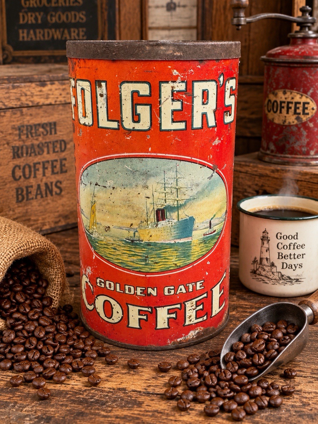 Rare Early Vintage Folgers Golden Gate Coffee Tin Can 2 1/2 Pound San Francisco