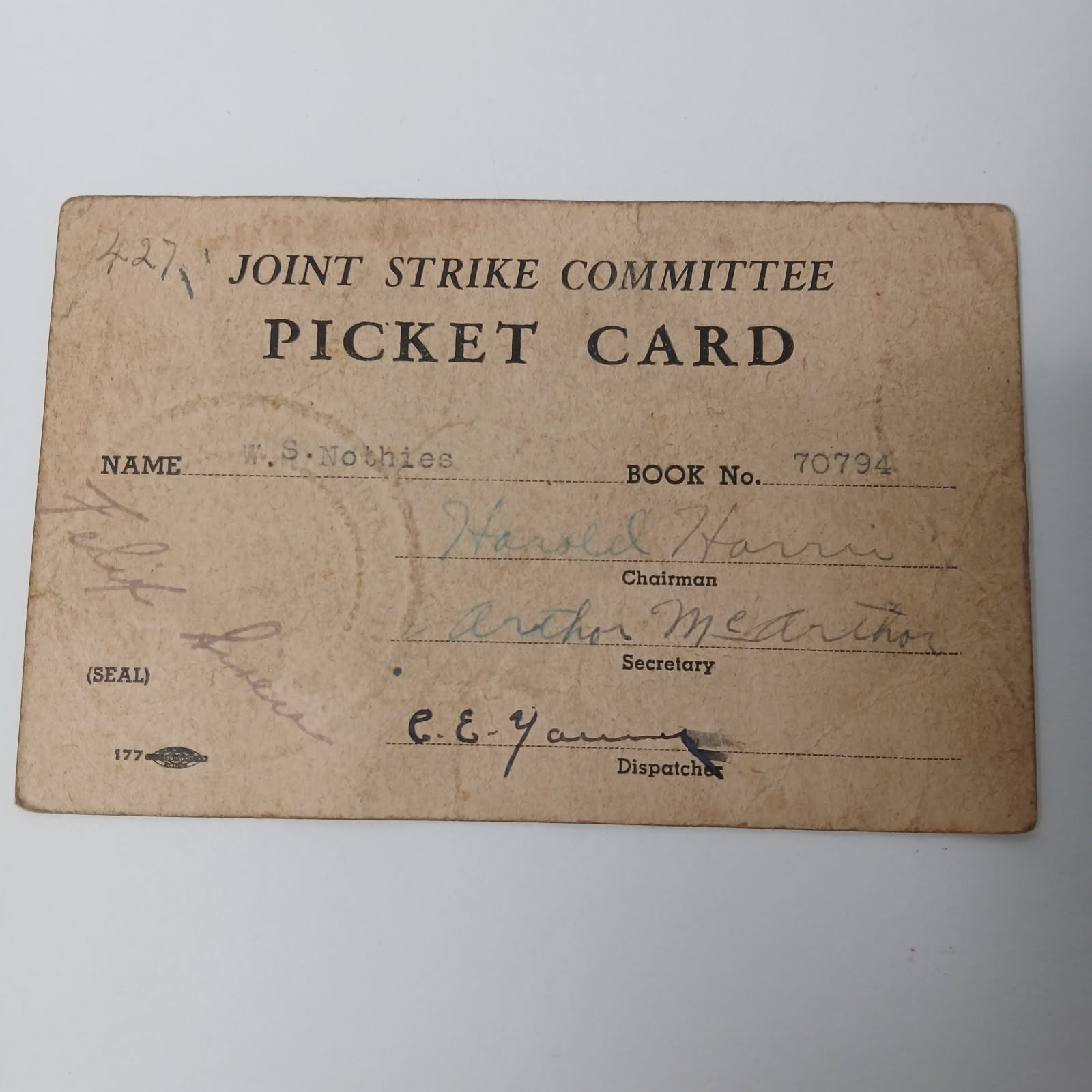 Joint Strike Committee Picket Card April 28 thru May 17,  1939 Port Of St. Louis