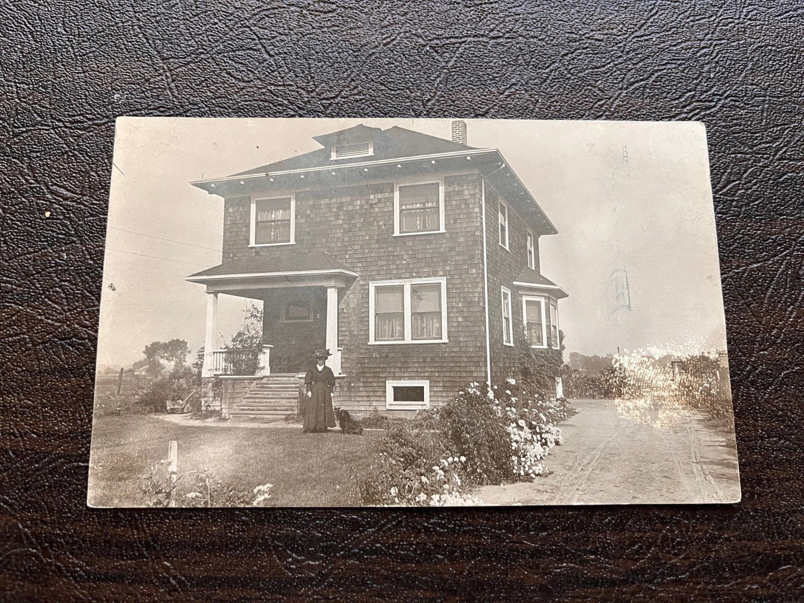 RPPC Sacramento California Woman Posing outside Large 2-Story House early 1900s