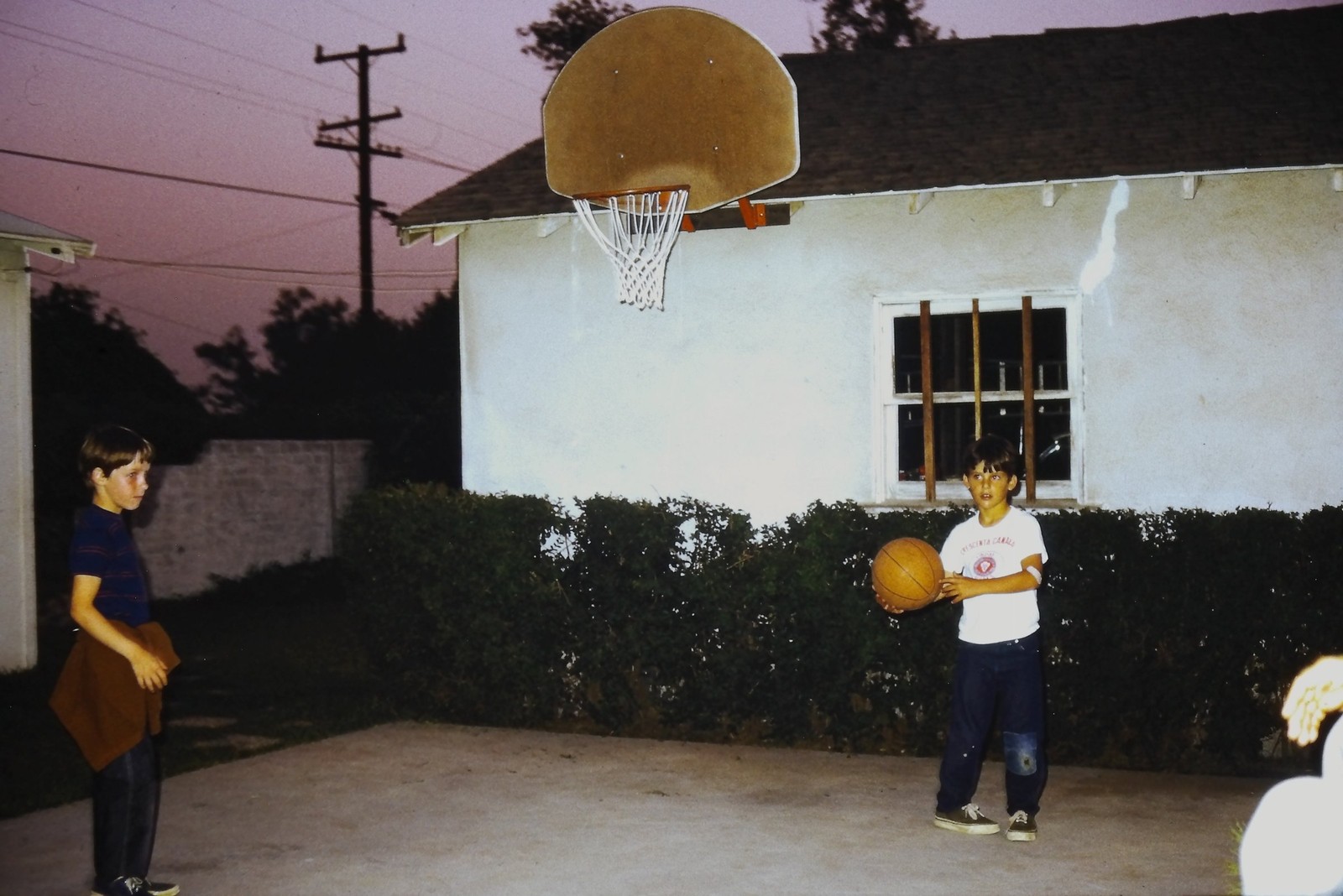 c1970's Kodachrome 35mm Slide, Boys NBA Court, Suburban Home summer Basketball