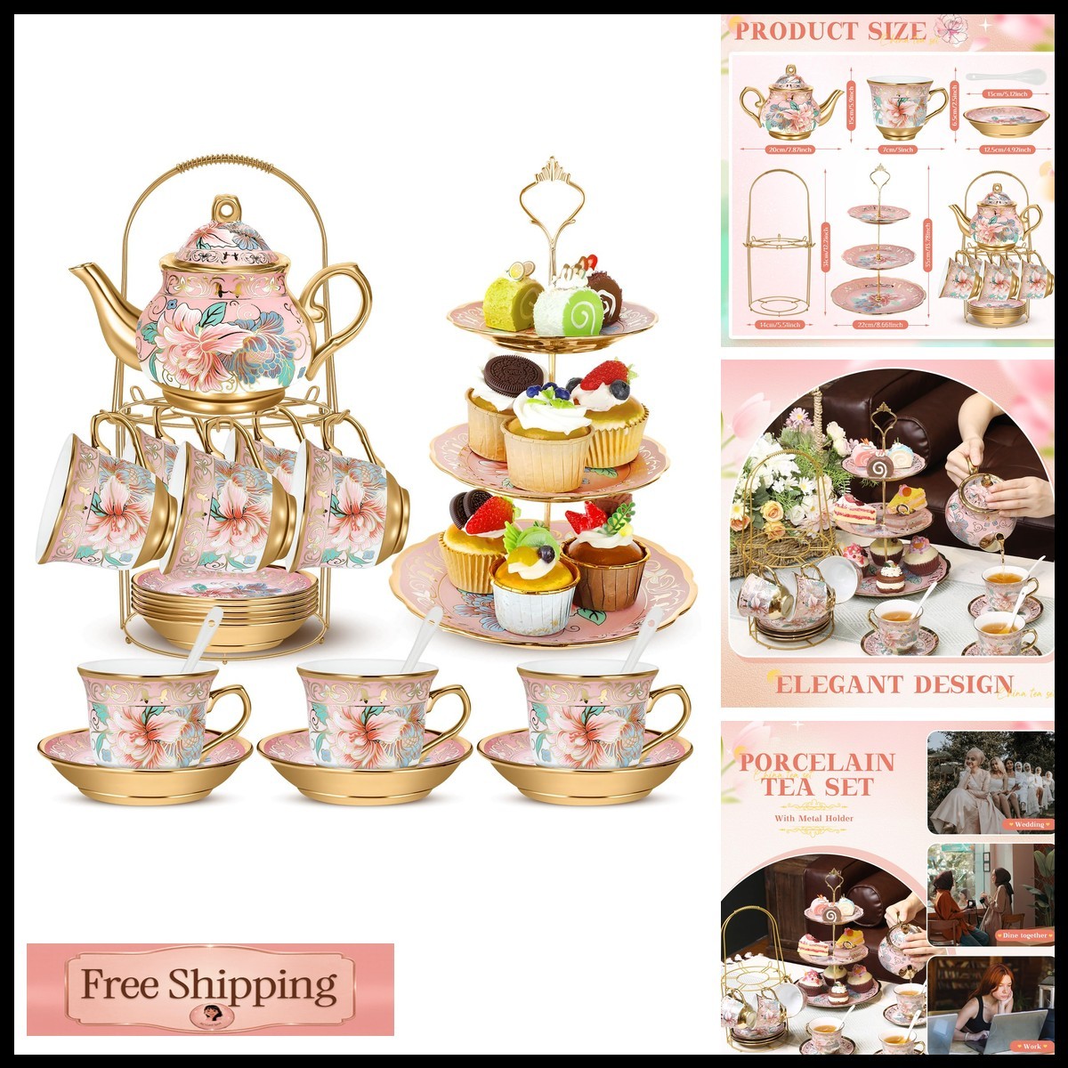 21 Pcs Porcelain Tea Set with 3 Tier Dessert Stand, Pink, Spring 21 Pcs Porcelain Tea Set with 3 Tier Dessert Stand, Pink, Spring