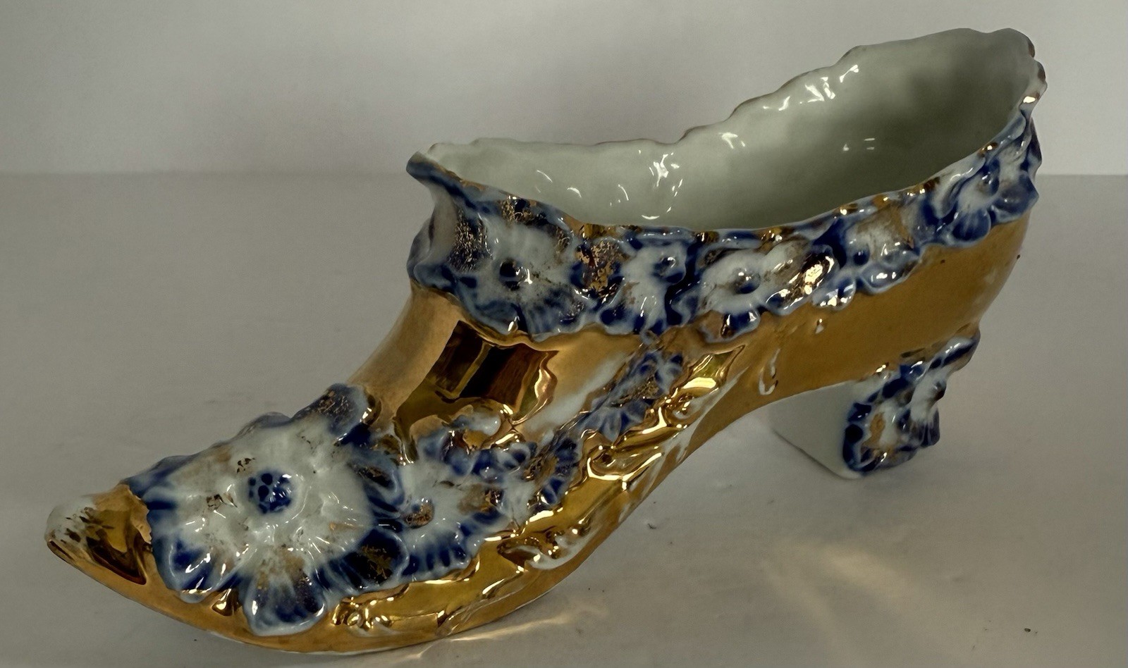 Beautiful Vintage Porcelain Decorative Shoe Slipper Gold Hand Painted Flowers