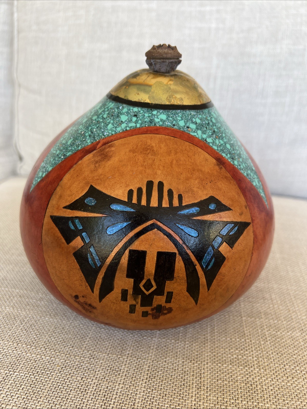 Signed Hand Painted Southwestern Art Gourd Turquoise Inlay Style 7” Folk Art