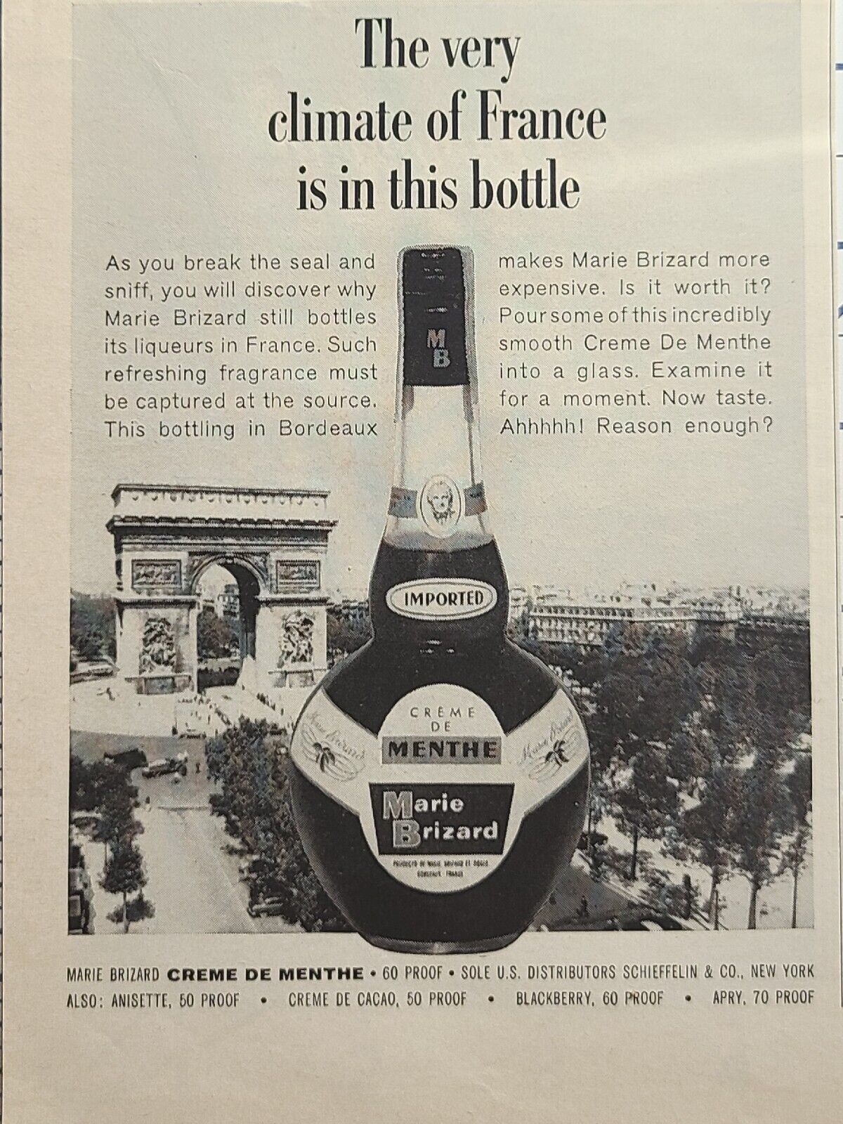 Marie Brizars Creme de Menthe Climate of France Bottle Vintage Print Ad 1964