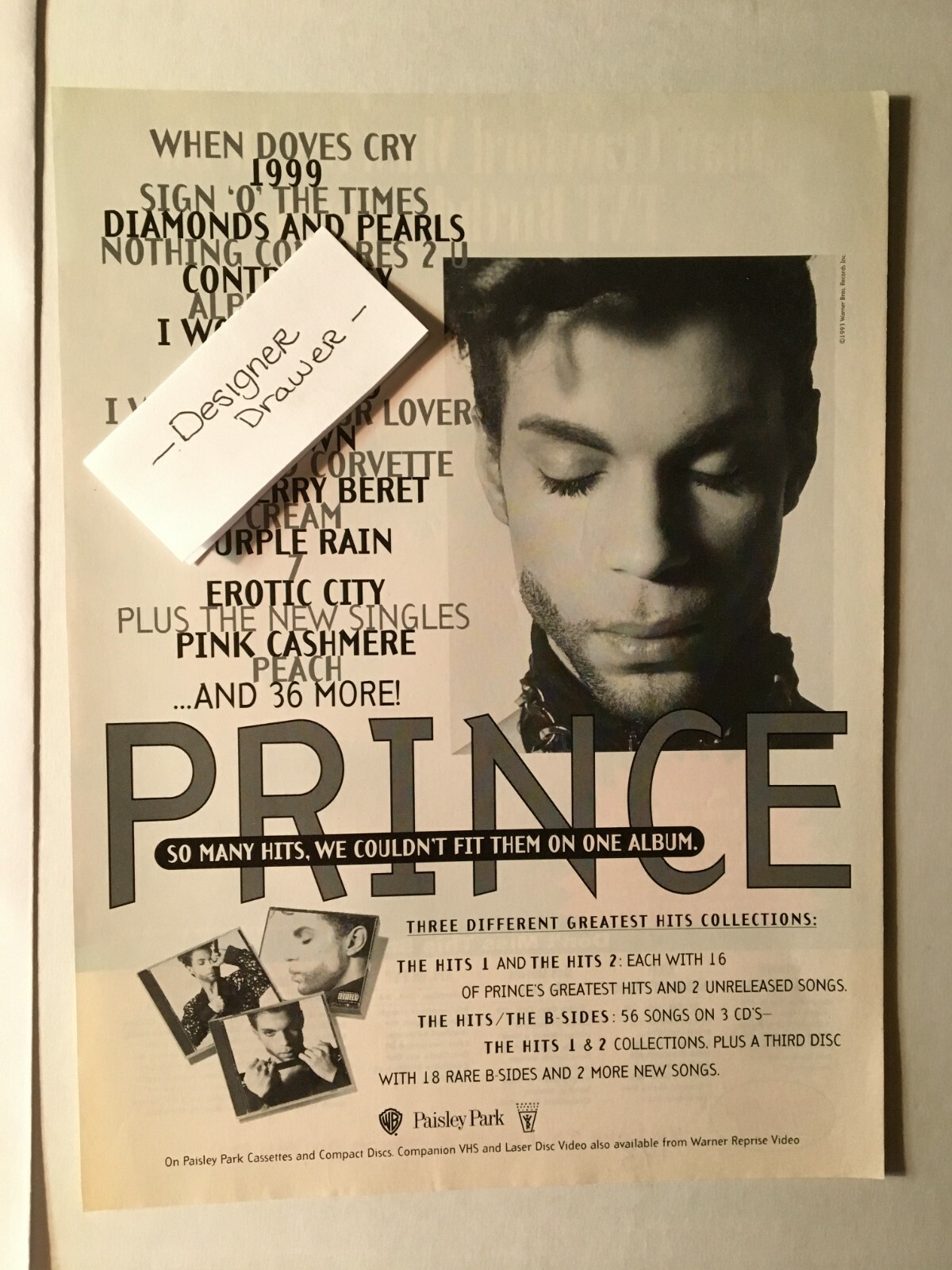 Prince The Hits 1 & 2 Vintage 1993 Promo Paper  Print Advertisement