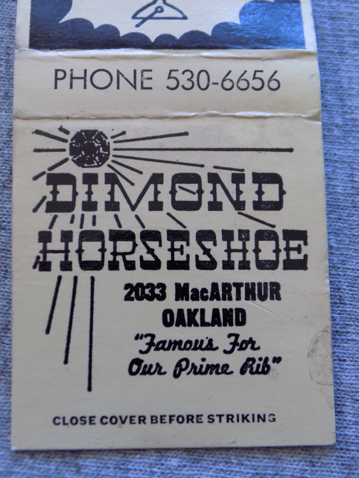Vtg FS Matchbook Cover Oakland CA Dimond Horseshoe Restaurant Famous Prime Rib
