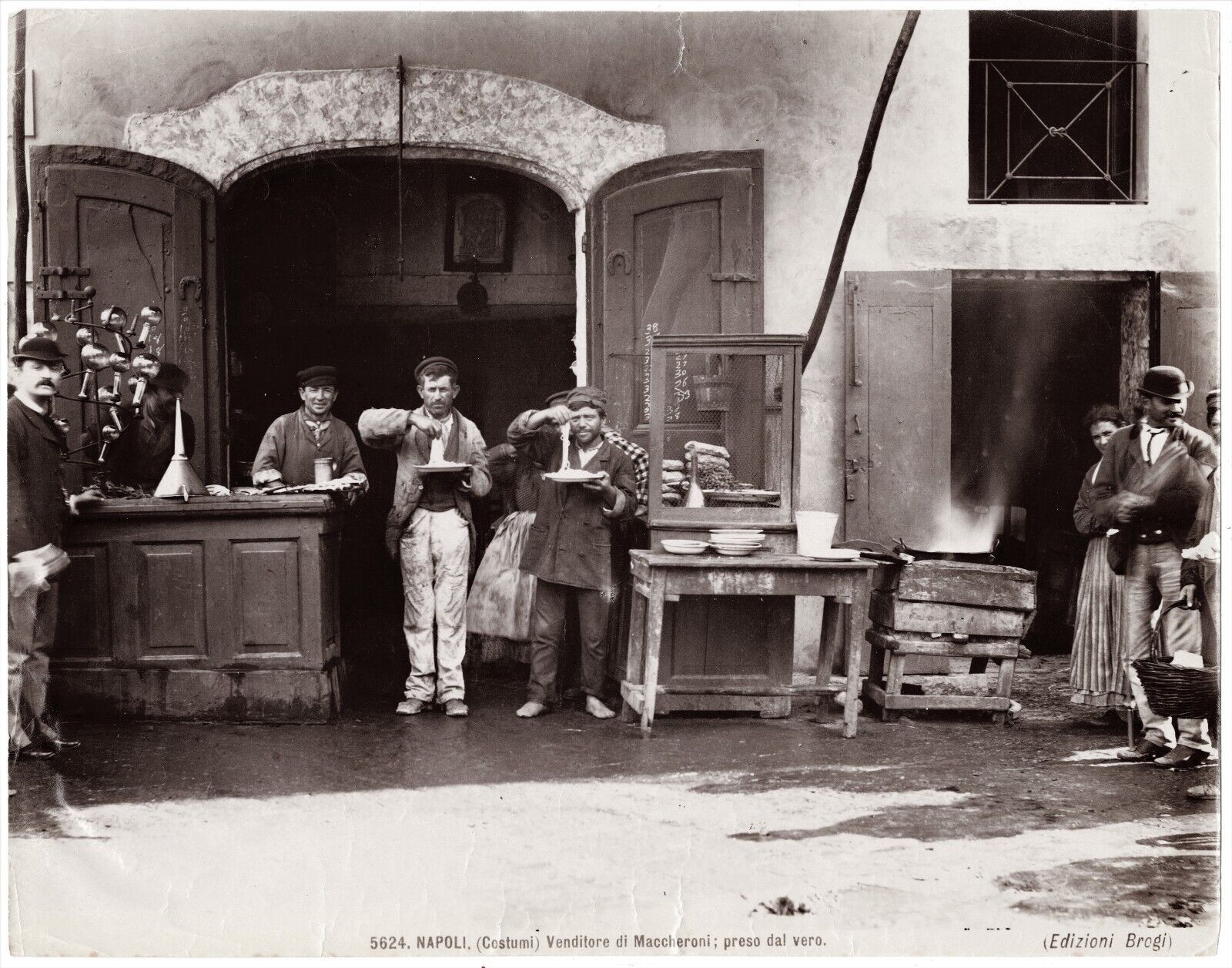 Antique Italian Albumen Photo with Spaghetti Eaters In Restaurant 1870