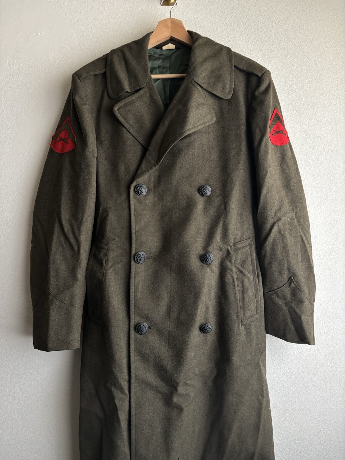 Vintage 1975 USMC Wool Serge Overcoat Military Trench Coat Lance Corporal 36R