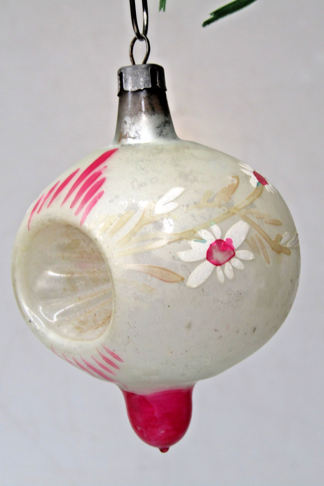VTG Glass Double Indent FLOWER Pictured Finial DROP Christmas Ornament Poland #6