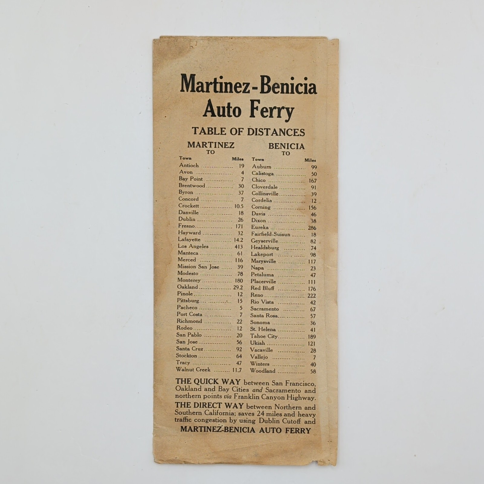 Vintage 1920s 1930s Martinez Benicia Auto Ferry California Road Map Schedule