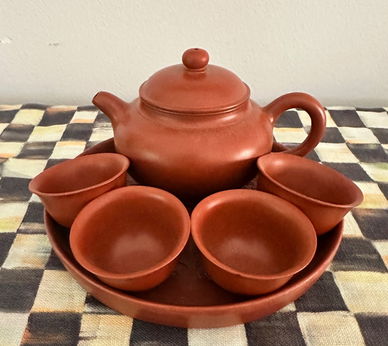 Vintage Asian Red Clay Terracotta Pottery Mini Tea Set of 4 Cups Teapot Lid Tray