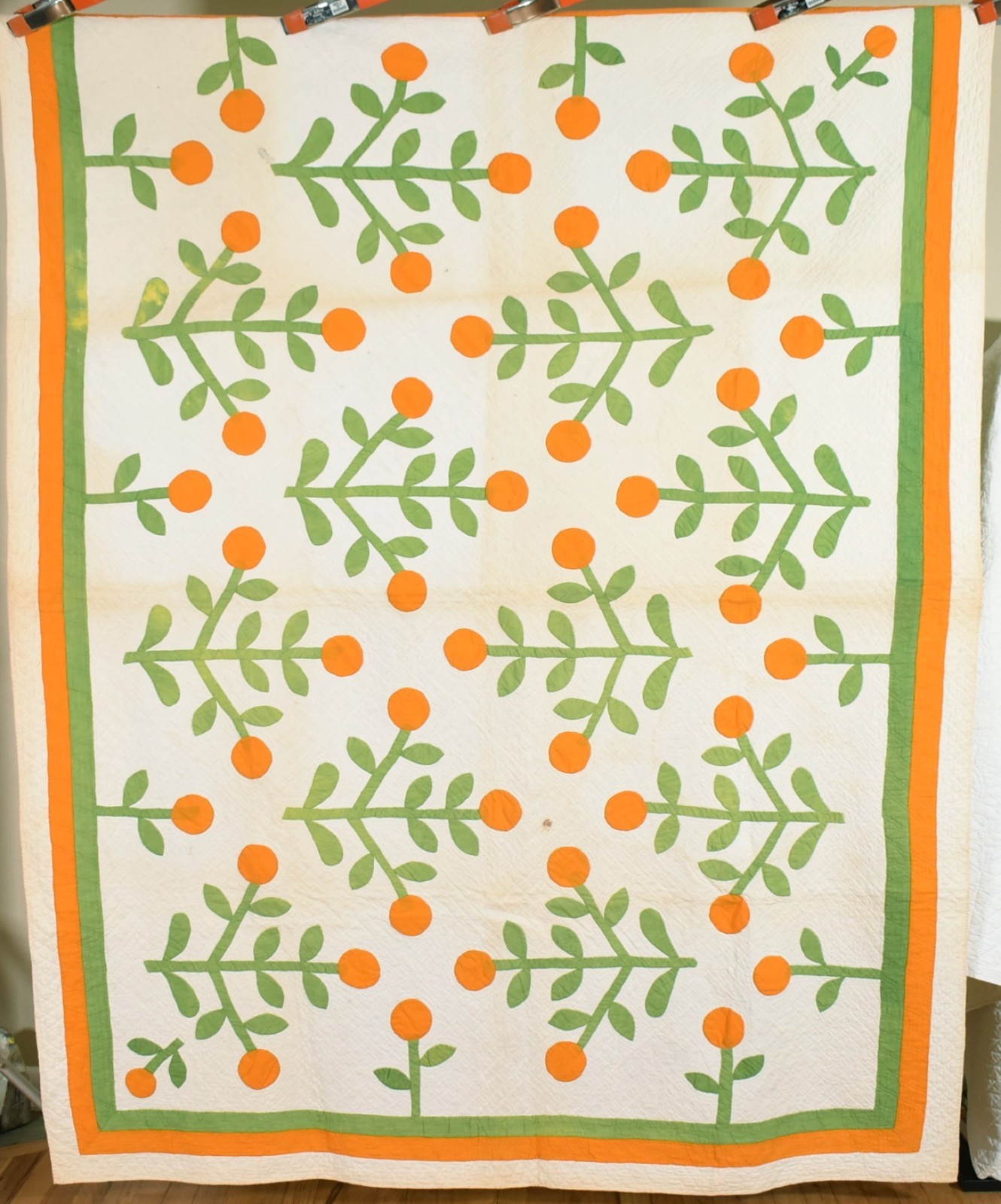 Well Quilted Vintage 1870's Orange Tree Applique Antique Quilt ~UNUSUAL DESIGN