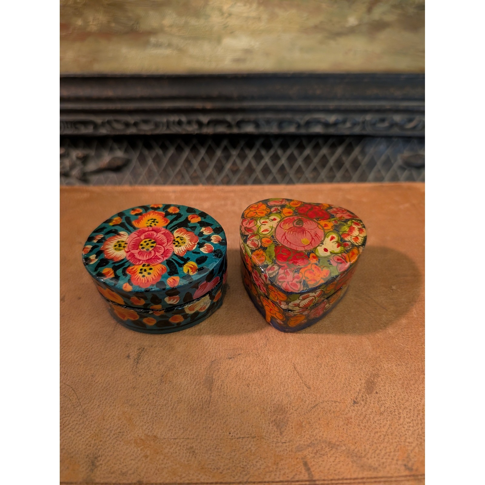Vintage Hand Painted Kashmiri Papier Mache Trinket Boxes Floral Heart Round Set