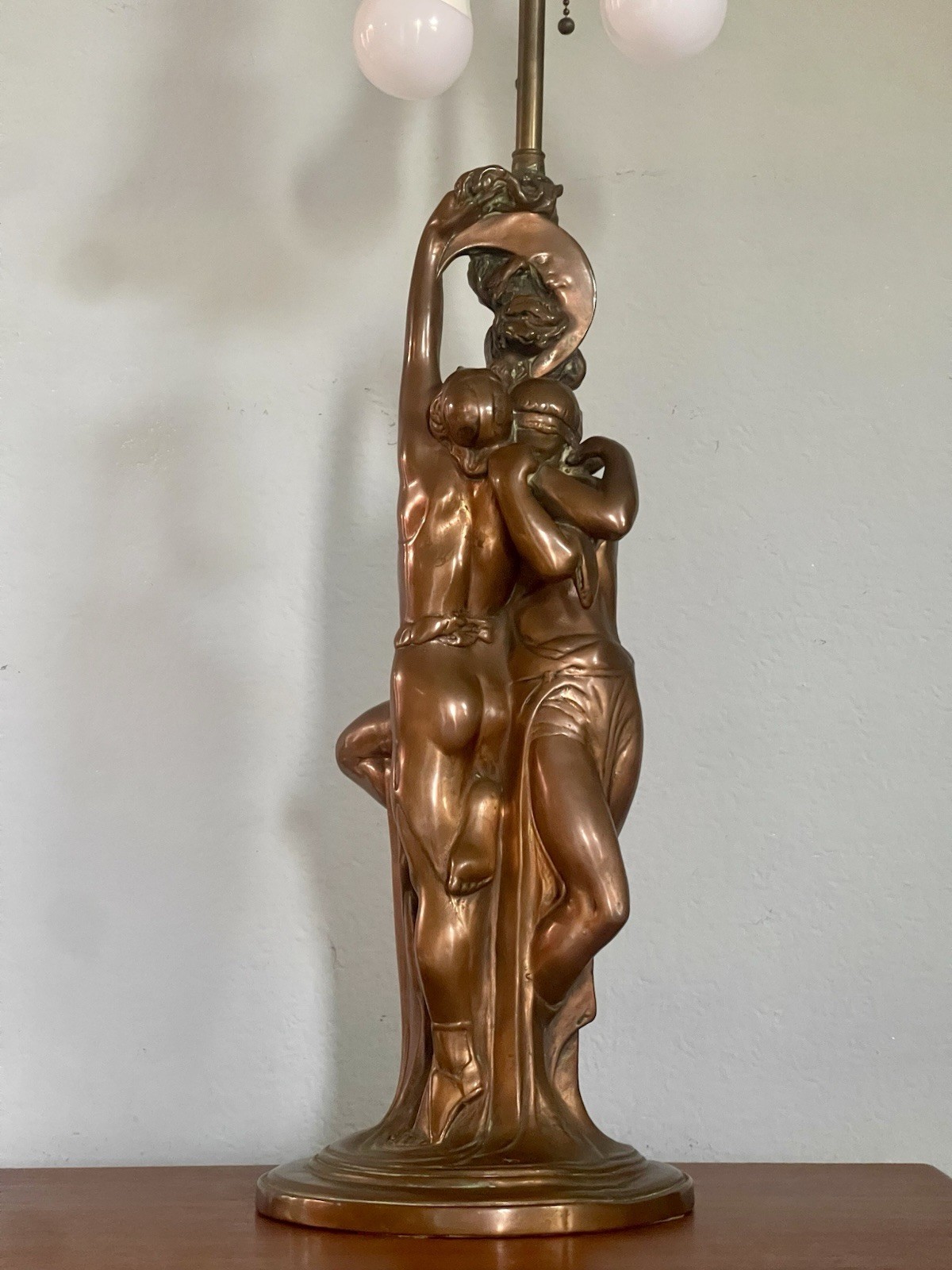 ART DECO PAUL HERZEL EMBRACED LOVERS BRONZE TABLE LAMP MOON OWL