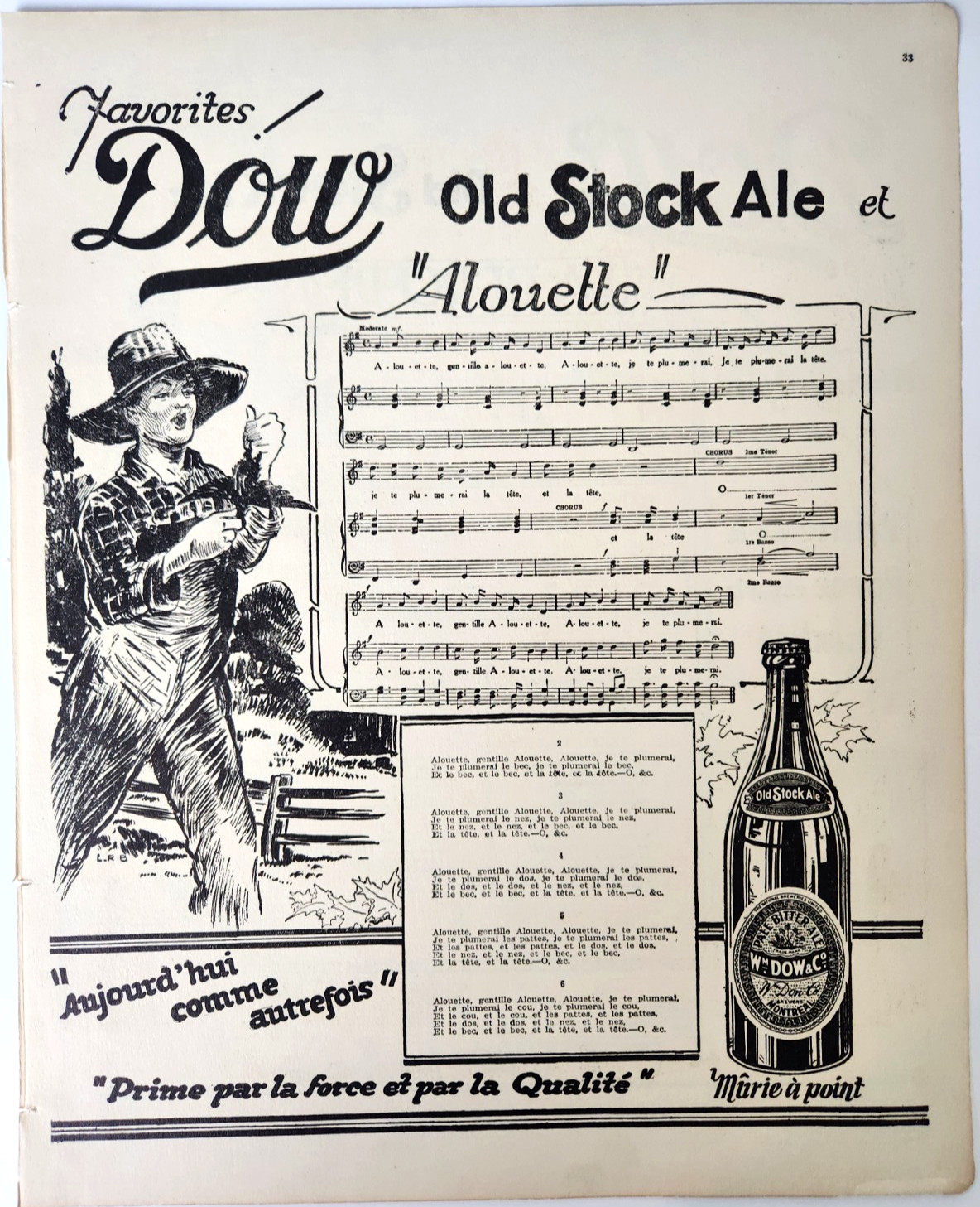 Alouette Dow Old Stock Ale Montreal Canada Antique 1920s Music Sheet Ad Alouette Dow Old Stock Ale Montreal Canada Antique 1920s Music Sheet Ad