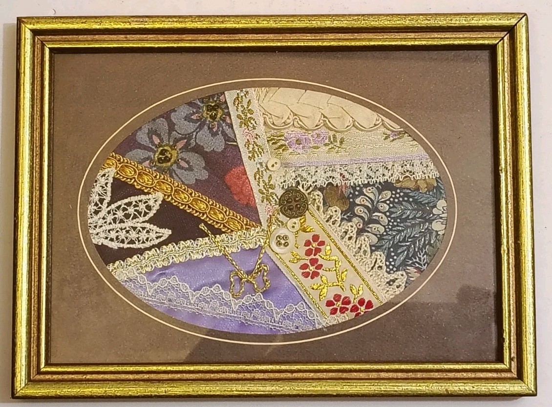 Vintage 1991 Crazy Quilt Textile Art Framed Handmade Lace Buttons Patchwork