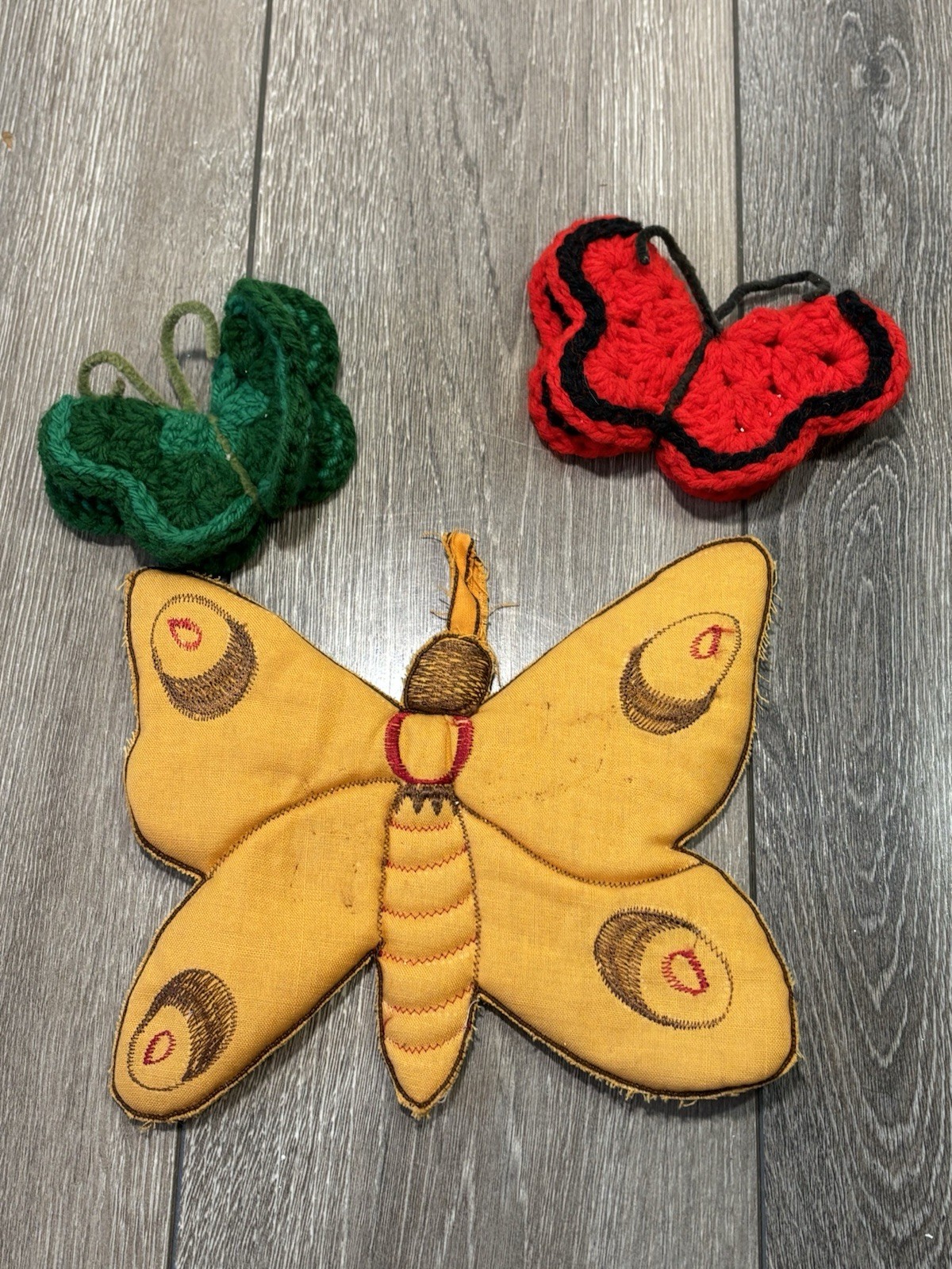 Vintage Set of Two Hand Crocheted & 1 Fabric Butterfly Fridge Magnets HOMEMADE