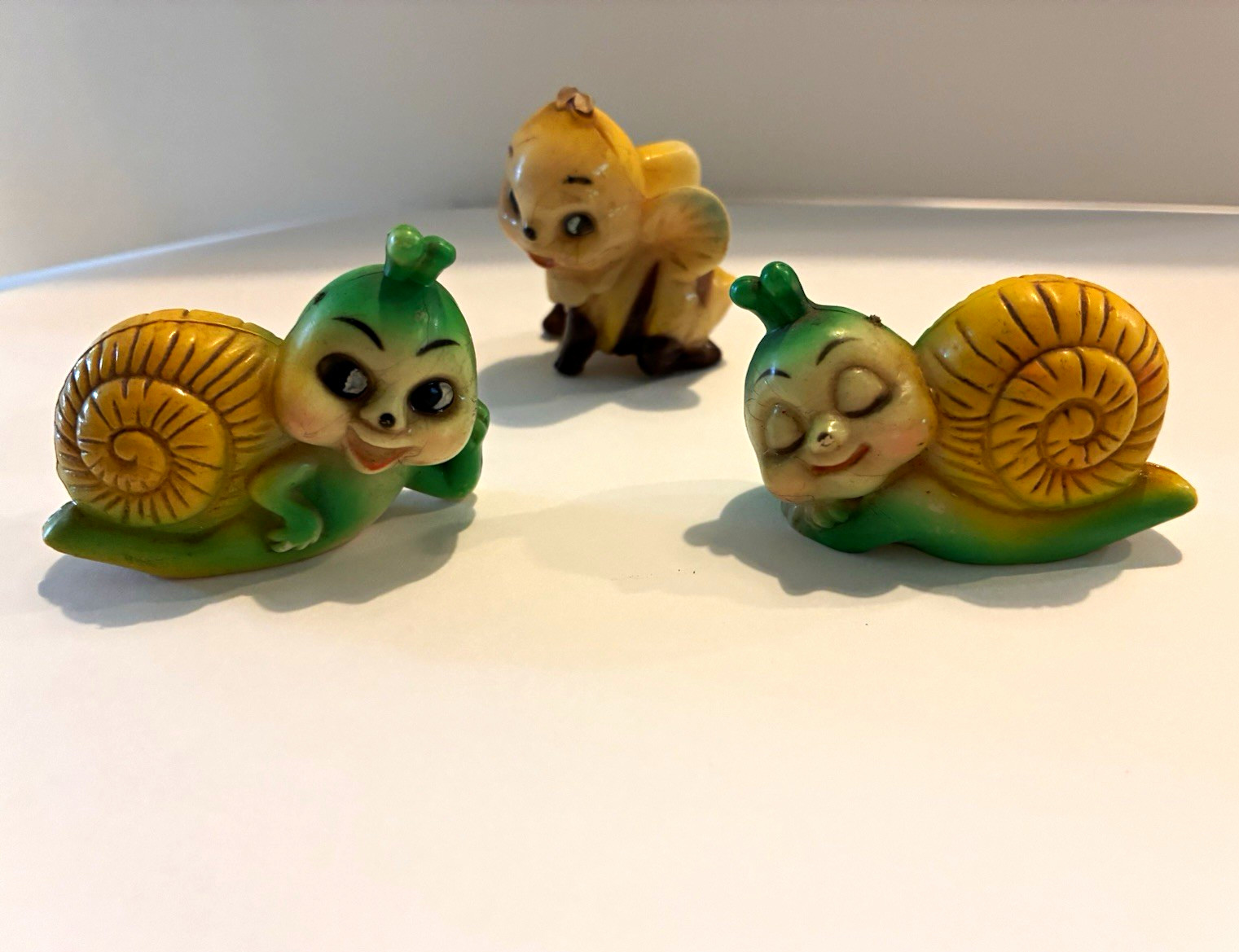 Vintage Anthropomorphic Plastic Snail & Bee Figurines Set Of 3 Made in Hong Kong