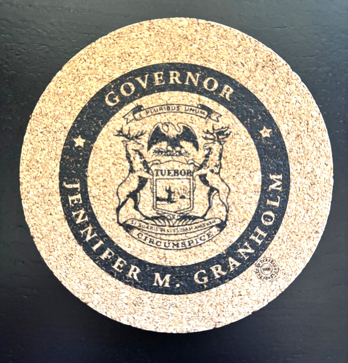 Rare cork coaster from Michigan Governor's Mansion - Jennifer Granholm