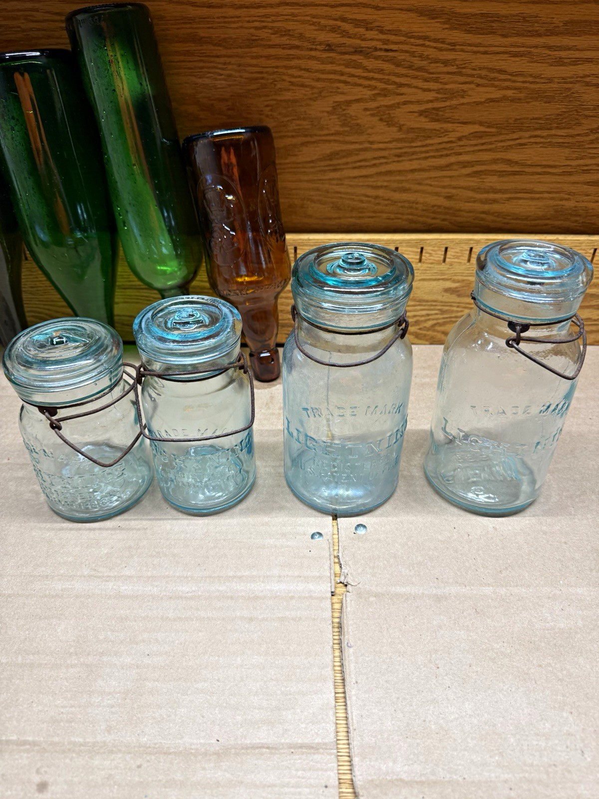 Antique Lightning Pint Aqua Blue Glass Canning Jar Wire Bail Glass Lid lot of 4
