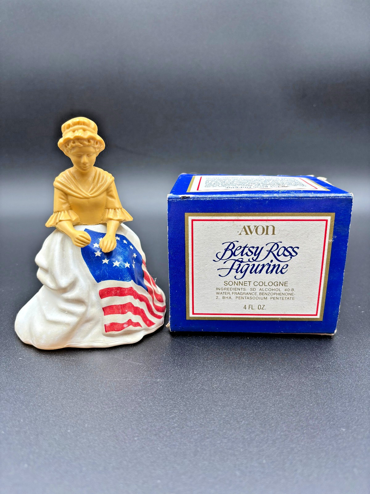 Vintage AVON Betsy Ross Figurine Sonnet Cologne Perfume 1776 Flag Anniversary