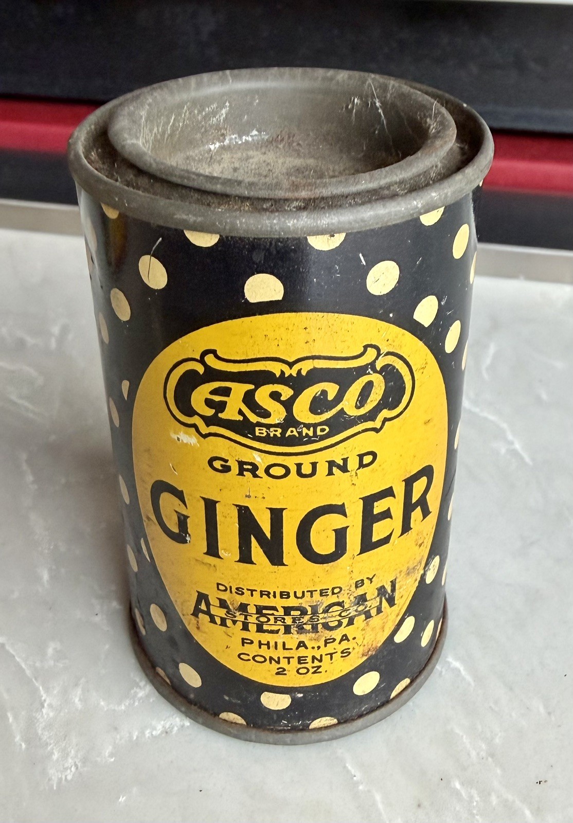 VTG Antique Bakers ASCO Pure Ginger Tin Can Container Display Philadelphia PA