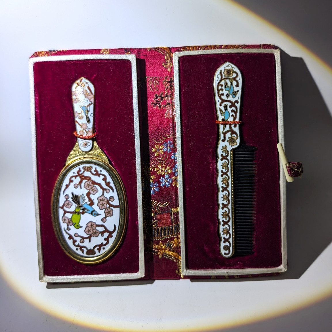 Vintage Travel Vanity Set Hand Mirror Comb Red Floral Case Collectors Statement