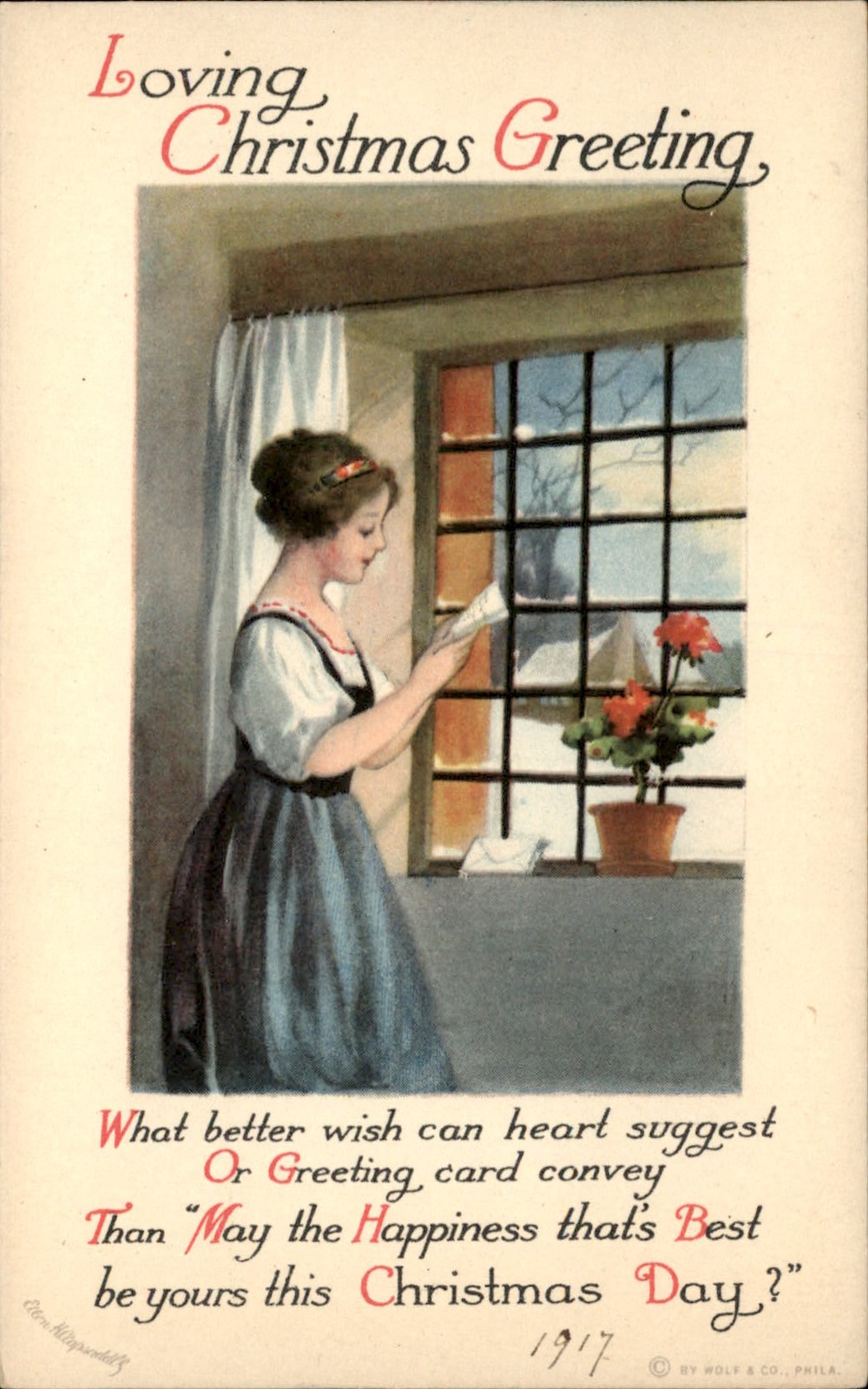Christmas Pretty Woman Reading Letter Ellen Clapsaddle Wolf c1920 Postcard Christmas Pretty Woman Reading Letter Ellen Clapsaddle Wolf c1920 Postcard