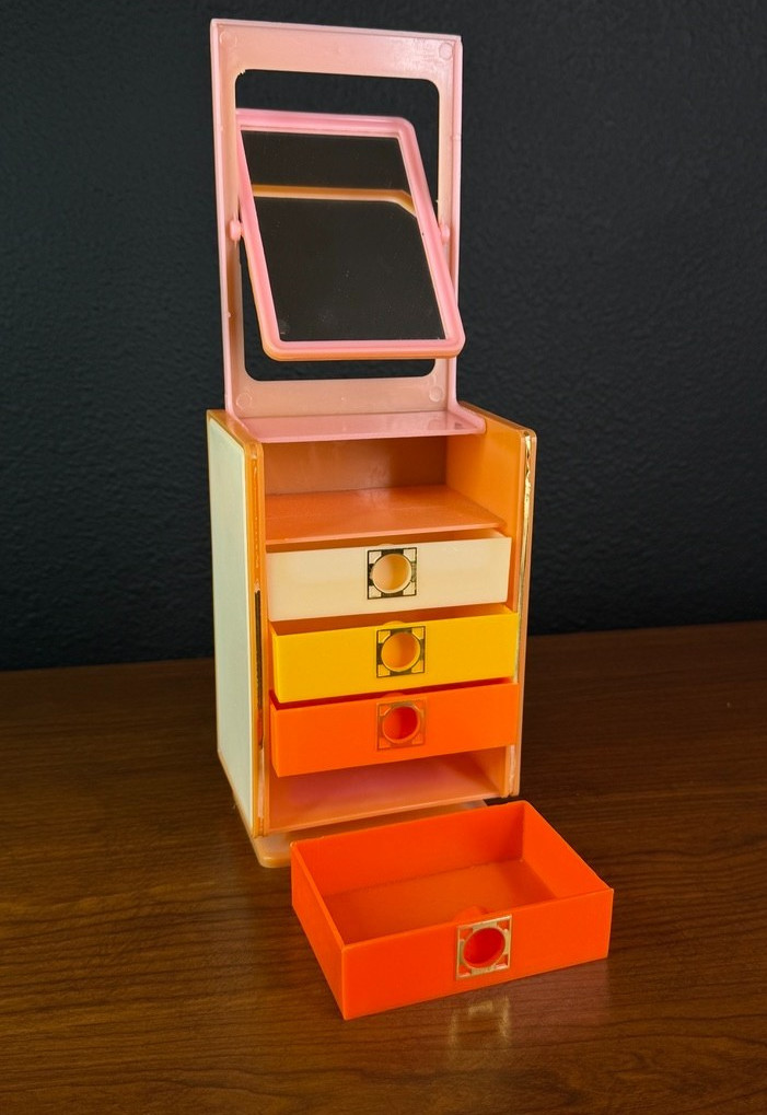 Vintage 1970s jewelry box drawers mirror plastic orange vanity trinket