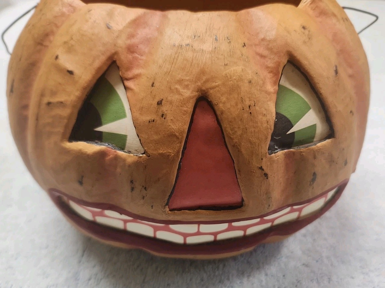 Vtg Bethany Lowe Paper Mache Grinning Smile Pumpkin Halloween Bucket
