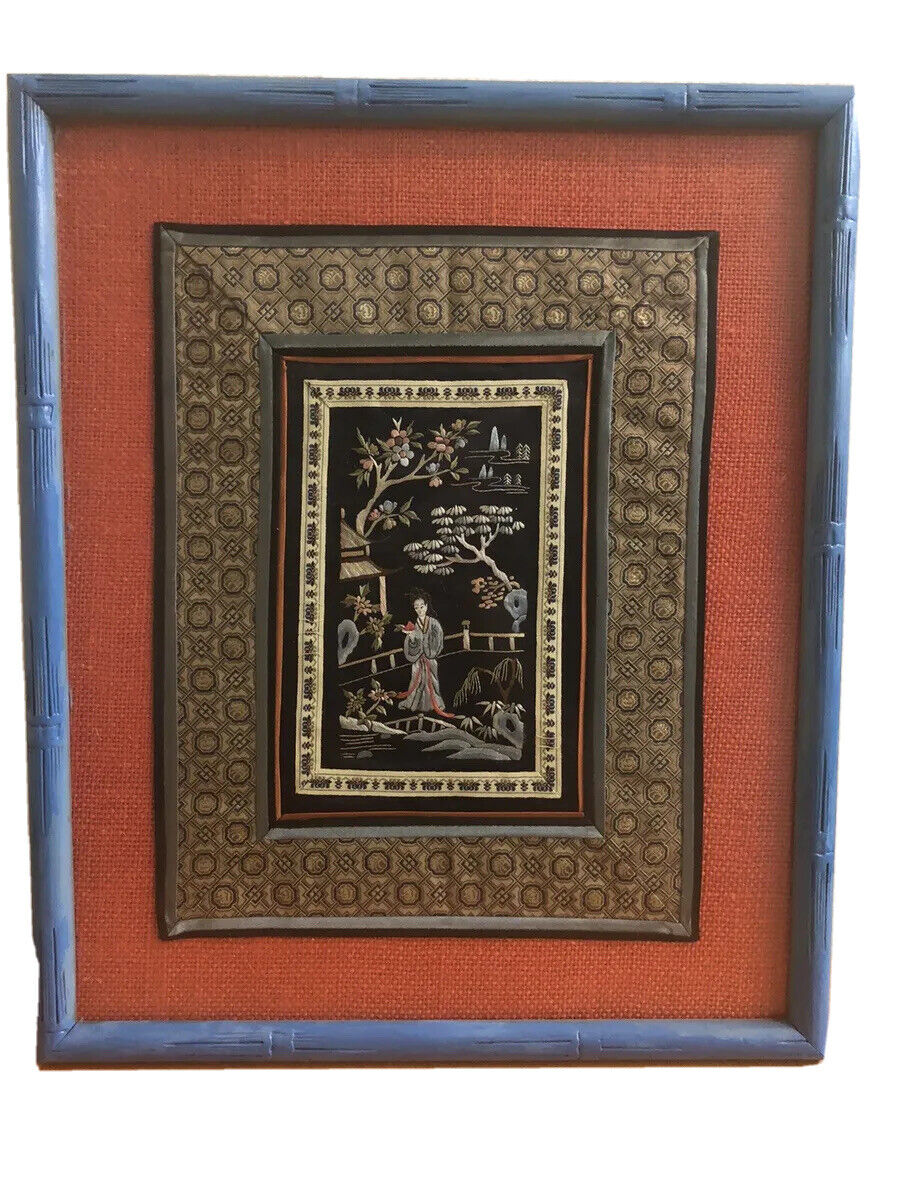 Vintage Chinese Silk Embroidery Framed Tan & Multi Textile Oriental Woman Garden