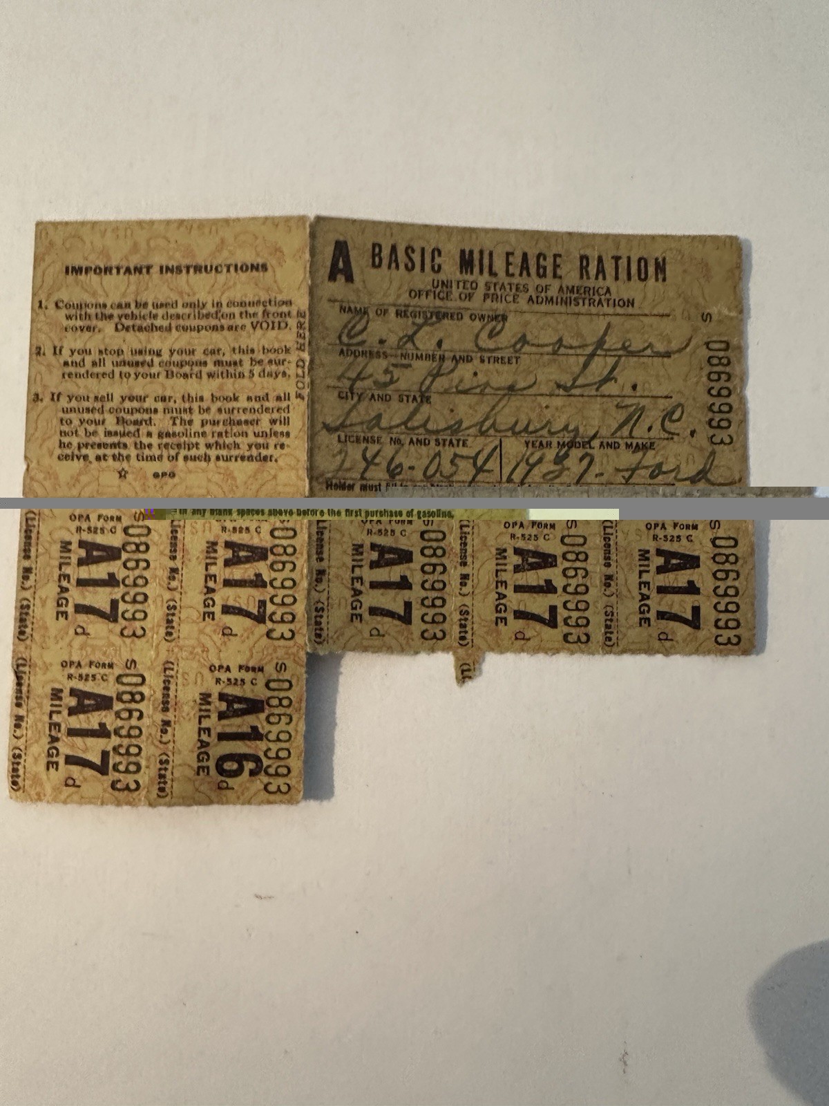 1937 Pre War Basic Mileage Ration Stamps | Philadelphia Pa, | Collectable Antiqu