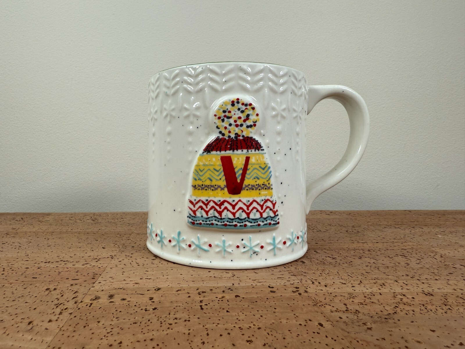 Anthropologie Bundled Up Mug Monogram Initial - V - Beanie Pom Pom