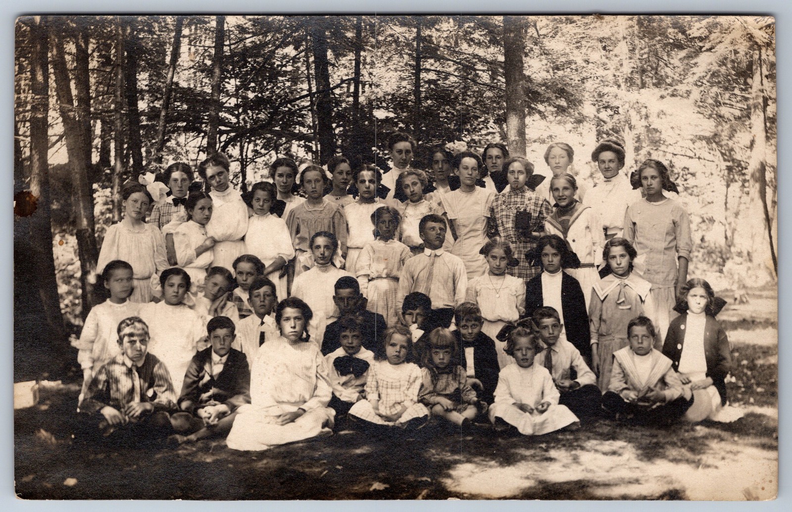 RPPC Large Group of Children School Outing in Woods Real Photo Postcard c1910