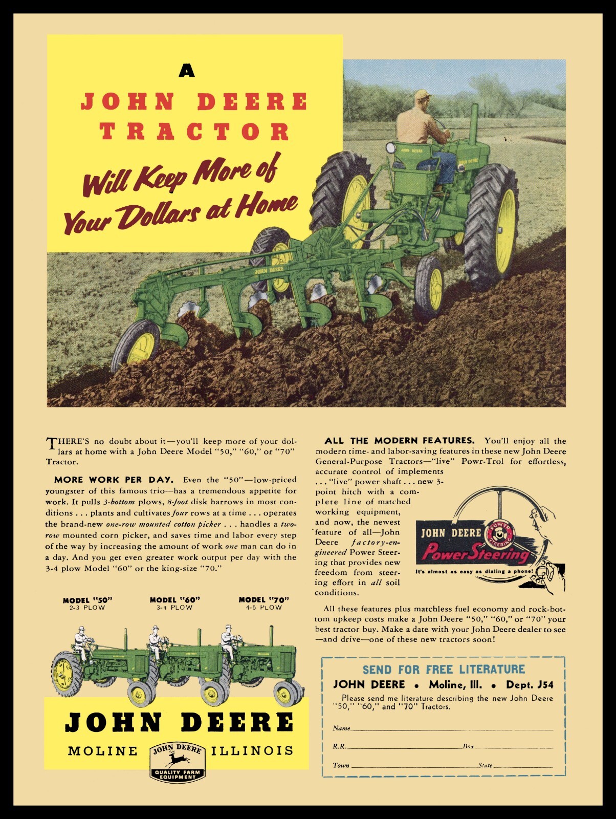 1954 John Deere Tractors- Model 50, 60, 70 - Metal Sign: 9x12\