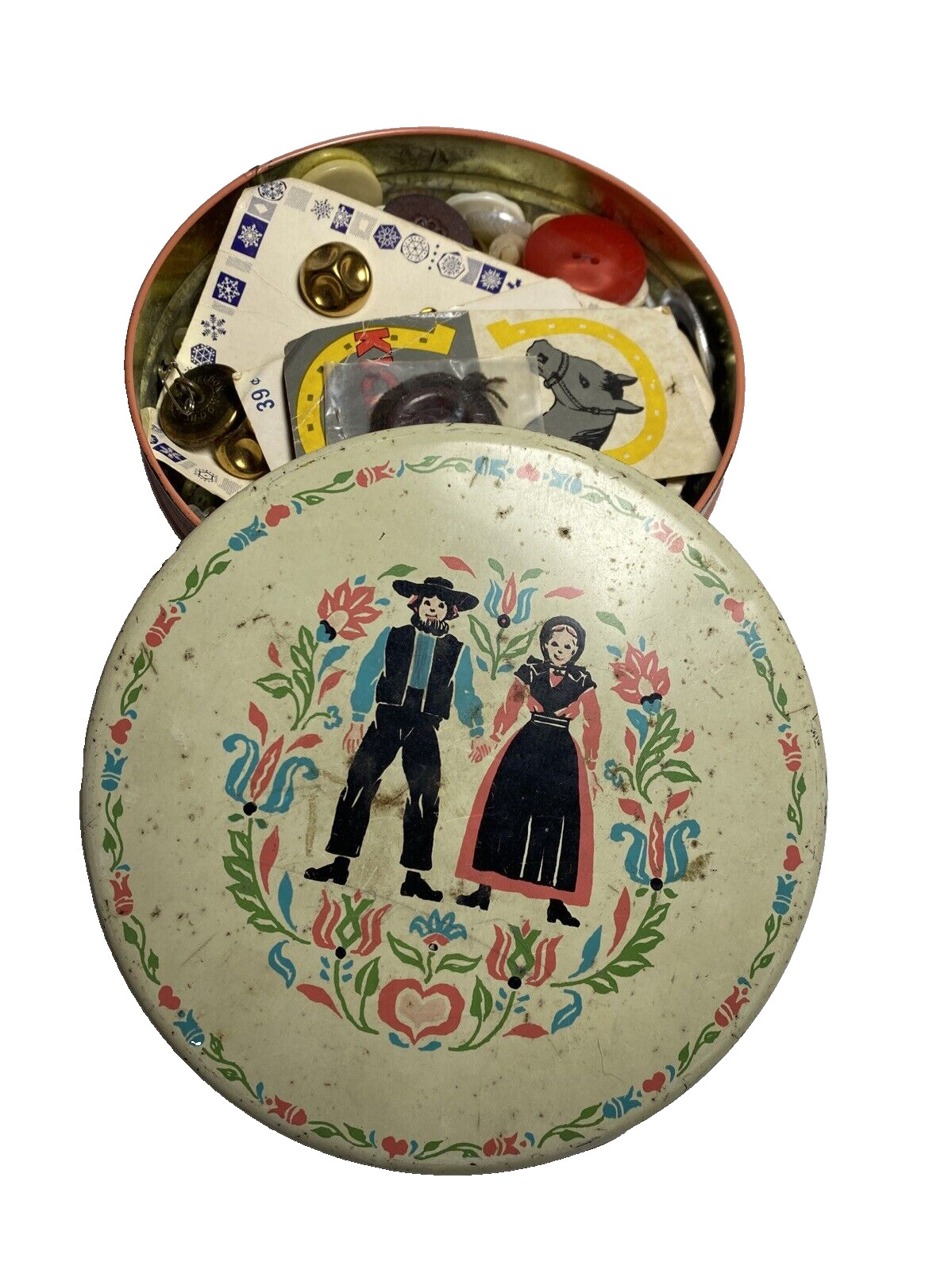 Vintage Amish Couple Tin With A Variety Of Old Buttons