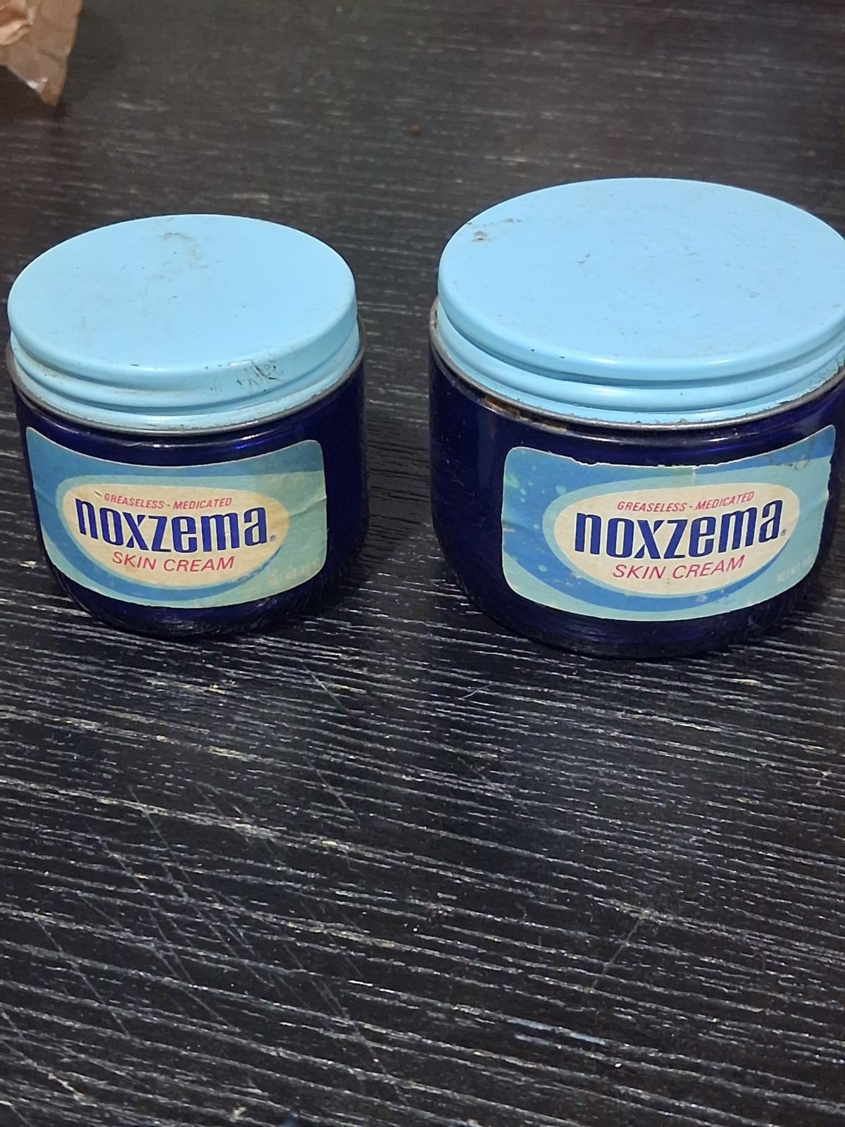 2 VINTAGE NOXZEMA COBALT BLUE GLASS JAR w Lid, Labels, Noxzema on Bottom -- 5052