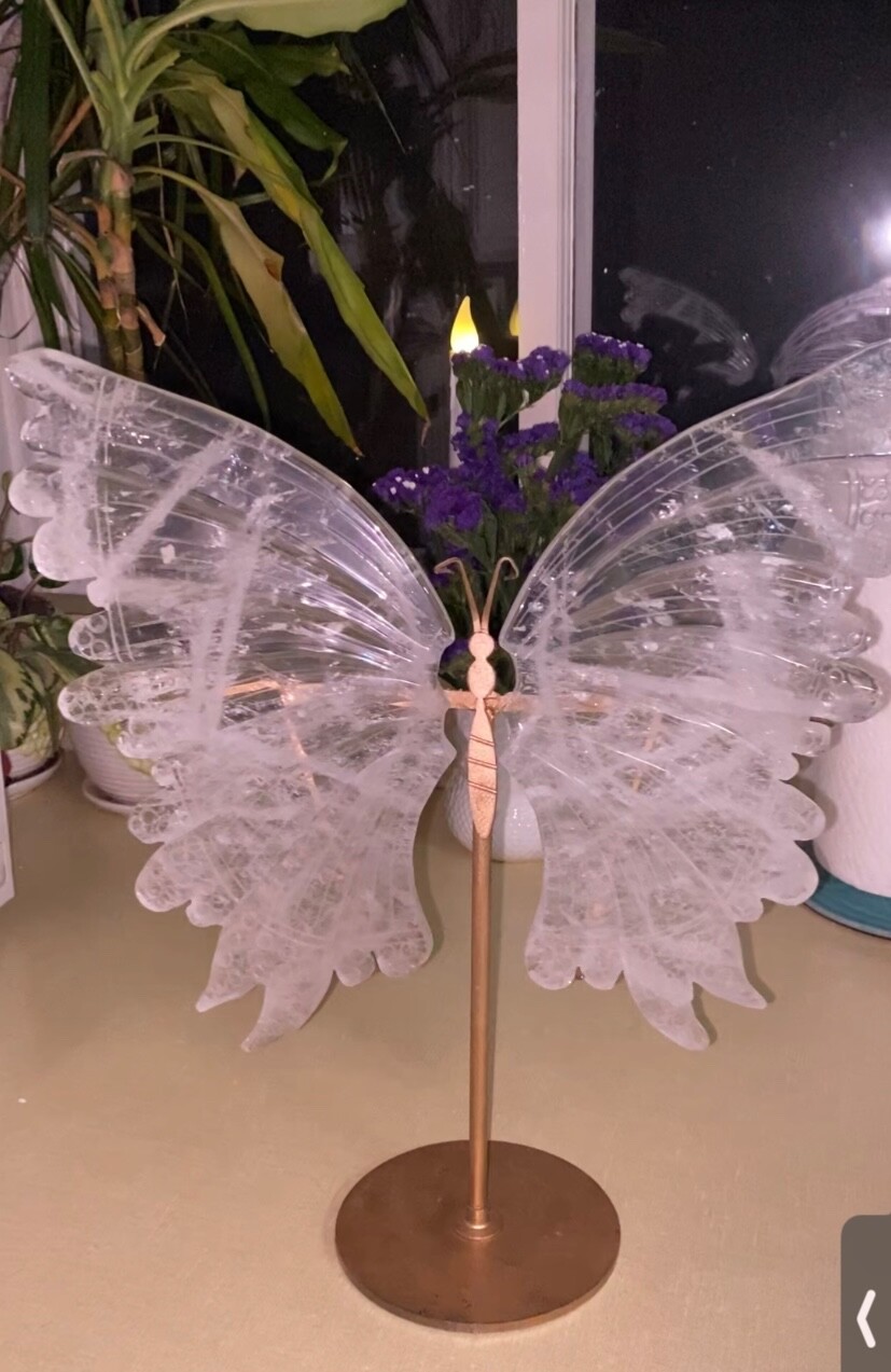 Clear Quartz Butterfly Wings on Gold Stand, Crystal, Mineral, Gem