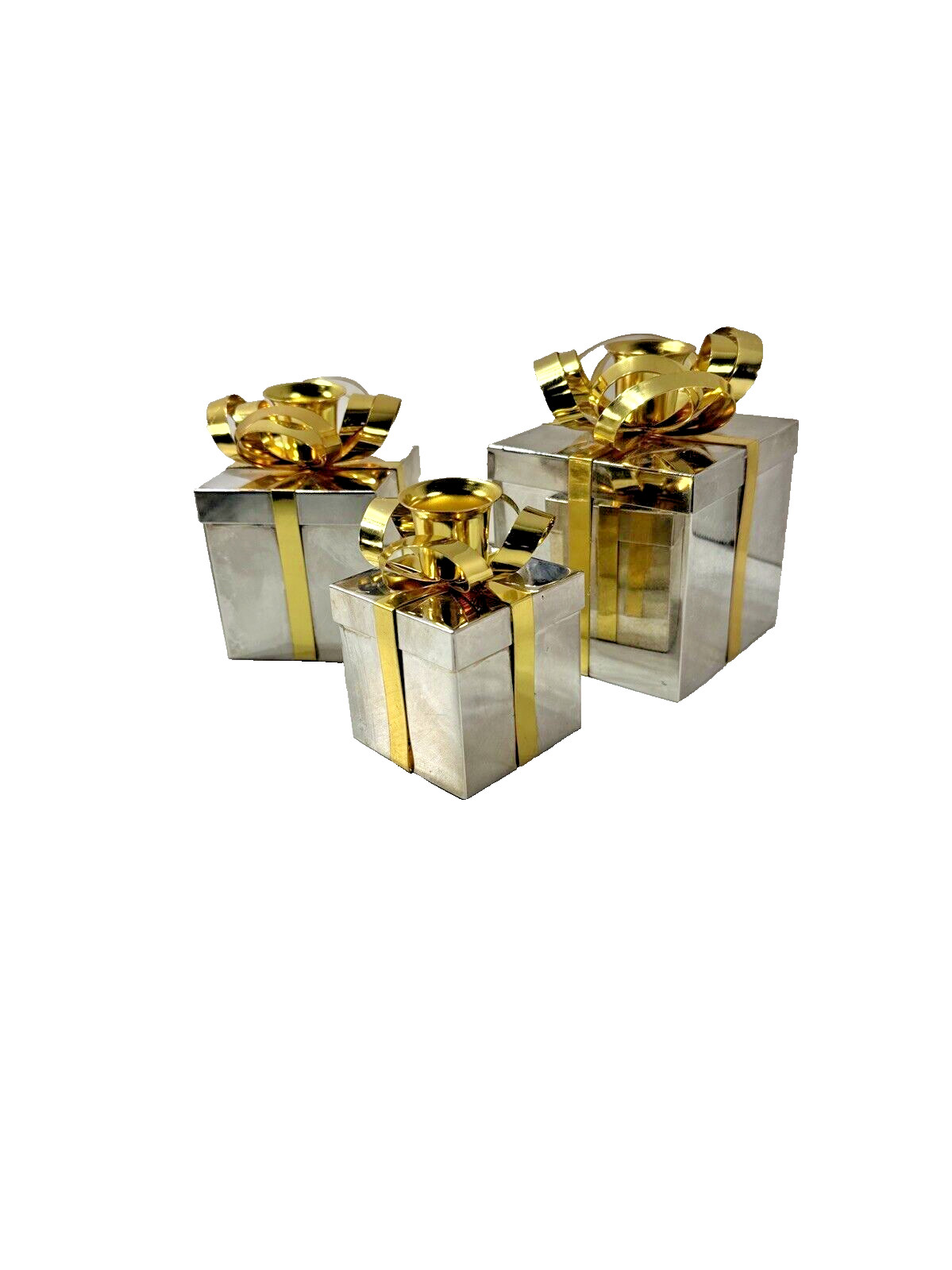 Estate Vintage Godinger Set of 3 Silver / Gold Present Box Taper Candle Holders