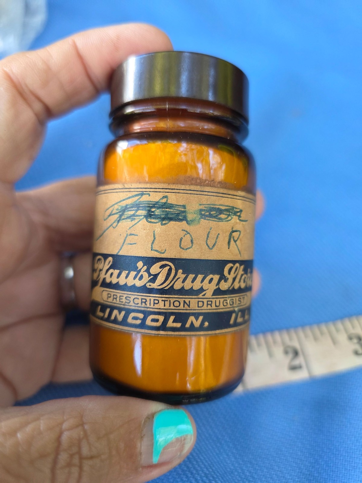 Vintage Amber Glass Medicine Bottle Pfaub’s Drug Store Lincoln Illinois display