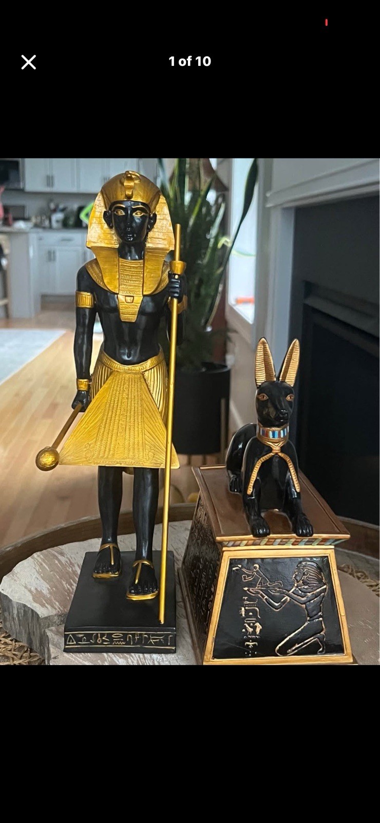 Large Egyptian Pharaoh & Anubis Statue Set Heavy Resin Black Gold Hieroglyphic D