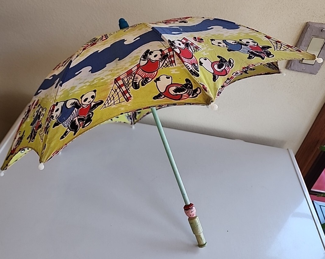 Vintage Chinese Childrens Umbrella Panda Bears Playing Soccer 17\
