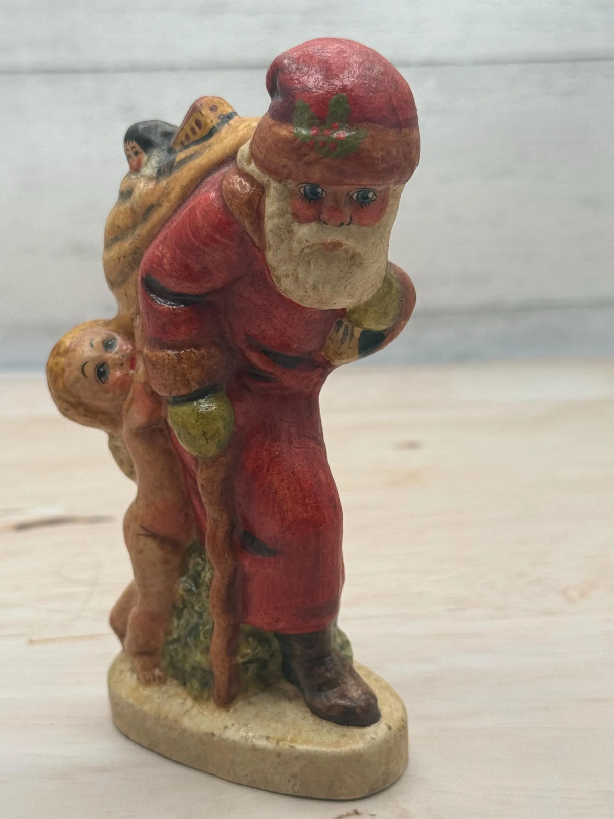 Vaillancourt Folk Art 1989 Chalkware Santa with Child & Toy Sack No. 49 Signed