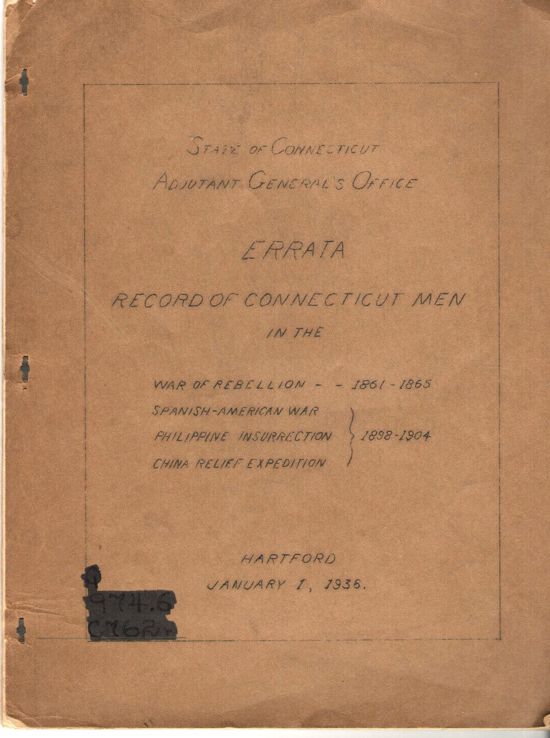 VTG ERRATA RECORD OF CONNECTICUT MEN IN THE WAR OF REBELLION 1861-1865/CIVIL WAR