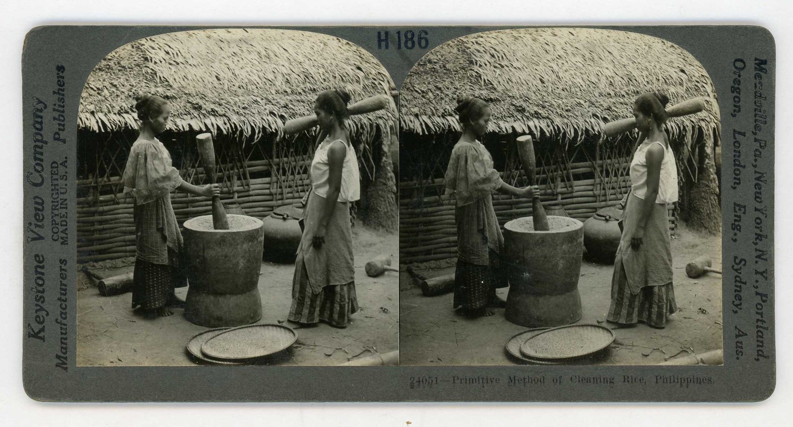 Philippines ~ WOMEN THRESHING RICE w/ HEAVY MALLETS ~ Stereoview 24051 h186