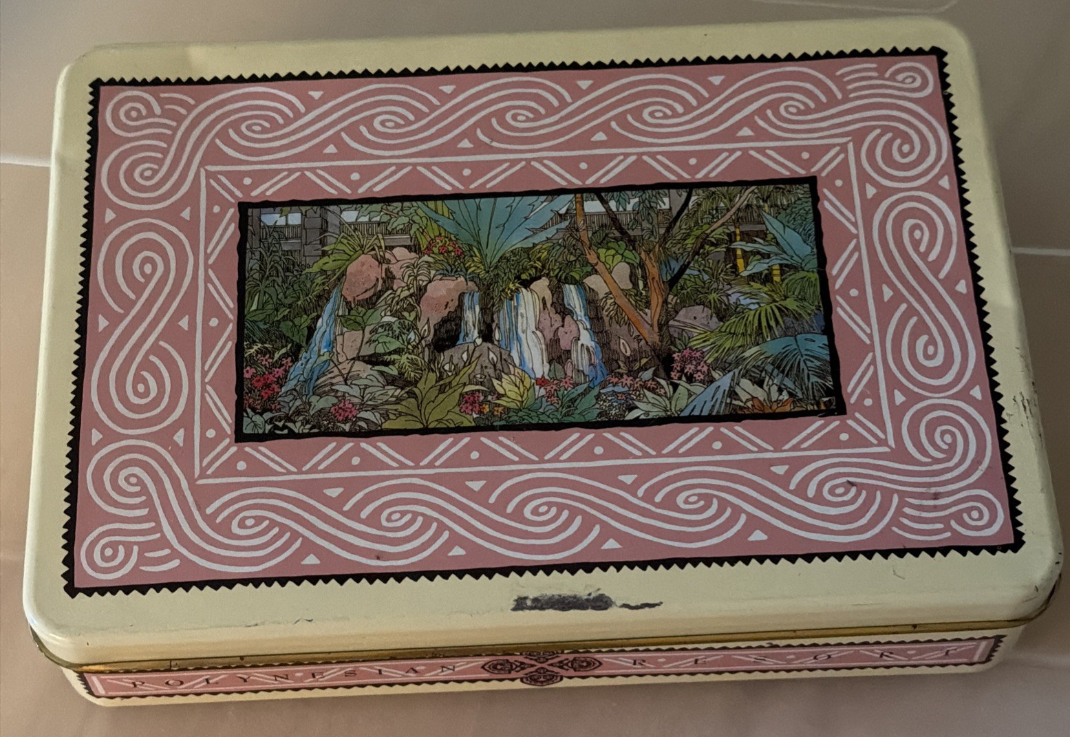 DISNEY WORLD Vintage 1989 Polynesian Resort Tin Post RARE Pink Beige Waterfall