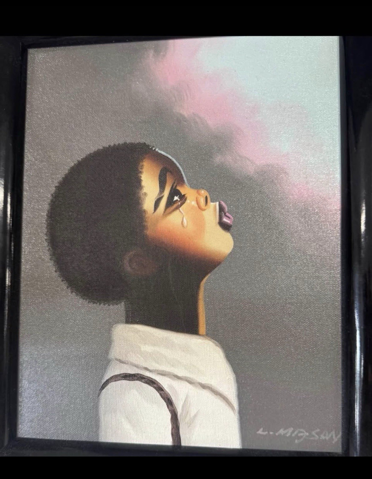 Original L. Mason Oil Canvas Painting Framed Signed Black Child Crying Rare 70s